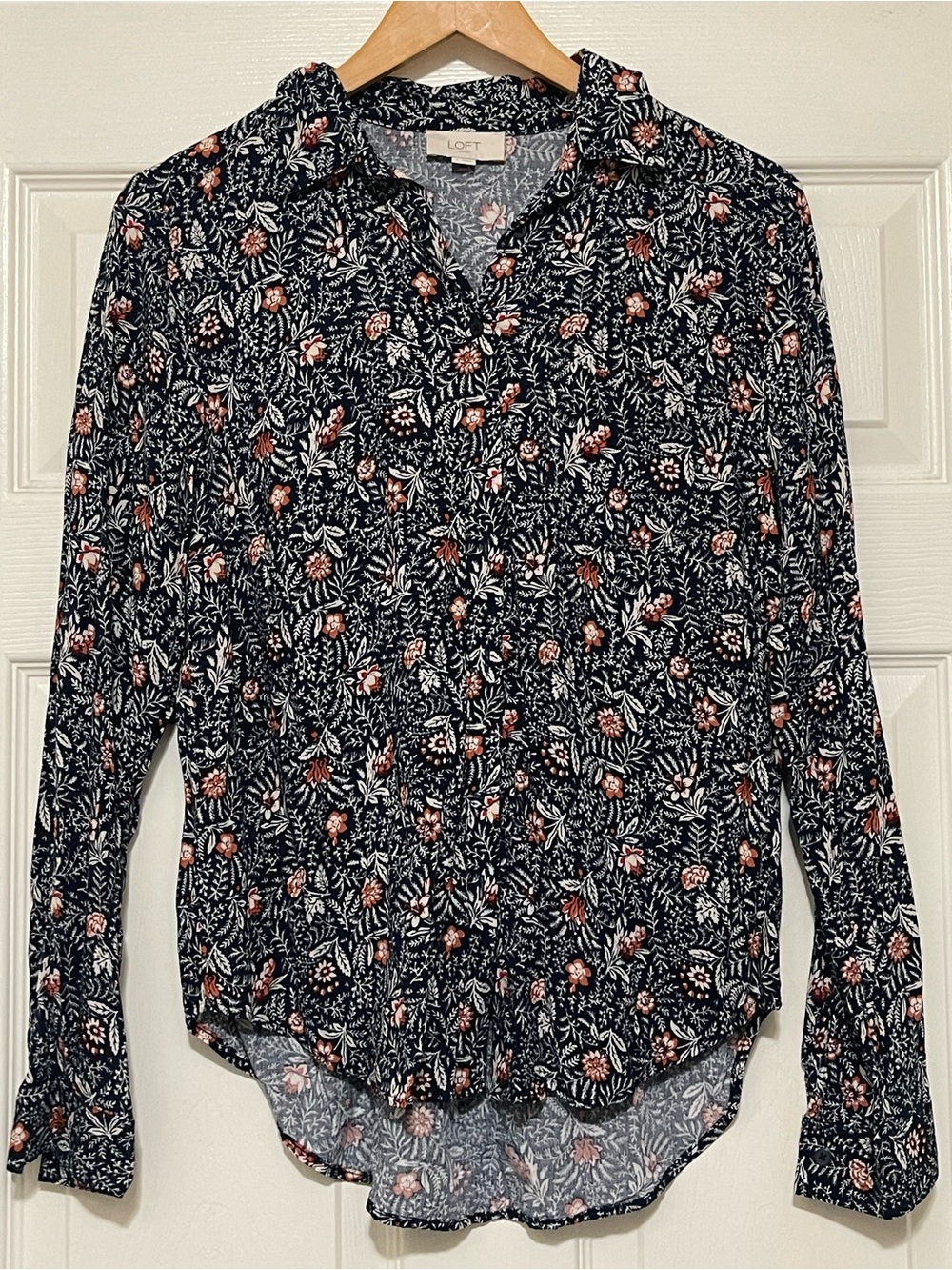 LOFT Navy botton Floral V-Neck Blouse with Peach Accents